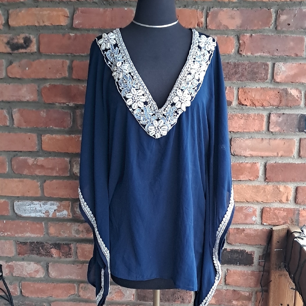 Elegant Navy Blue Embroidered Women's Top